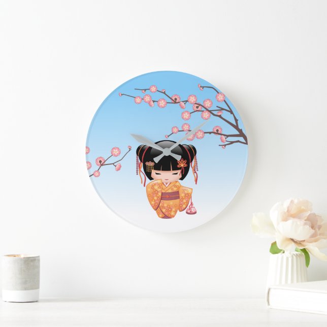Ume Kokeshi Doll - Japanese Geisha Girl Blue Large Clock (Home)