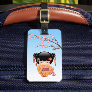 Ume Kokeshi Doll - Japanese Geisha Girl Blue Luggage Tag