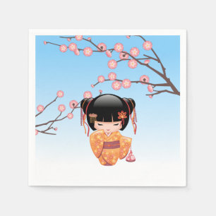 Ume Kokeshi Doll - Japanese Geisha Girl Blue Napkins