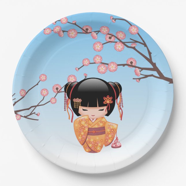 Ume Kokeshi Doll - Japanese Geisha Girl Blue Paper Plates (Front)