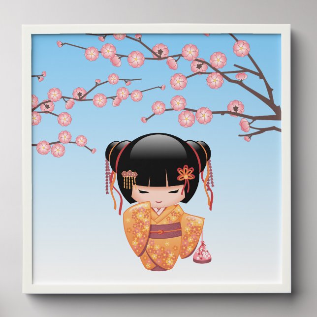 Ume Kokeshi Doll Japanese Geisha Girl Blue Peel And Stick Photo Tile (Front Set)