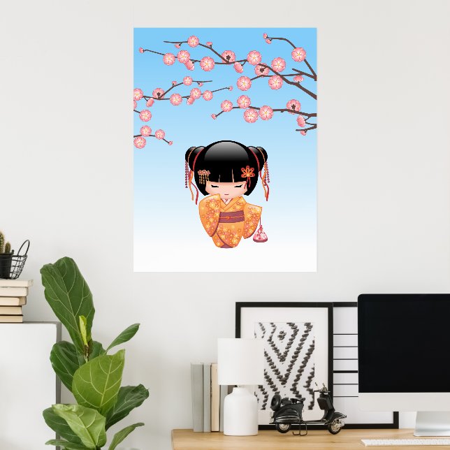 Ume Kokeshi Doll - Japanese Geisha Girl Blue Poster (Home Office)