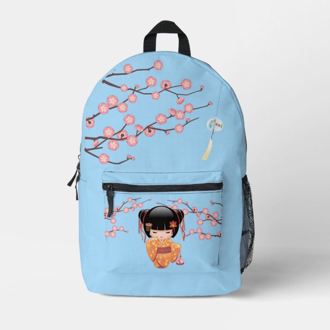Ume Kokeshi Doll - Japanese Geisha Girl Blue Printed Backpack (Front)