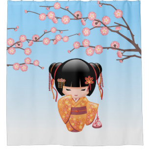 Ume Kokeshi Doll Japanese Geisha Girl Blue Shower Curtain