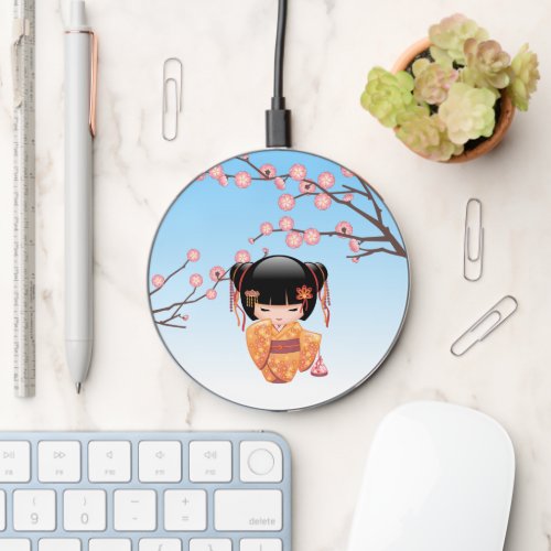 Ume Kokeshi Doll _ Japanese Geisha Girl Blue Wireless Charger