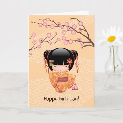 Ume Kokeshi Doll _ Japanese Peach Geisha Birthday Card
