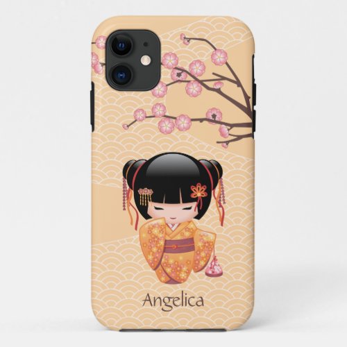 Ume Kokeshi Doll _ Japanese Peach Geisha Girl iPhone 11 Case