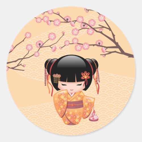 Ume Kokeshi Doll _ Japanese Peach Geisha Girl Classic Round Sticker