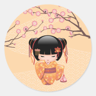 Ume Kokeshi Doll - Japanese Peach Geisha Girl Classic Round Sticker