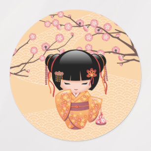 Ume Kokeshi Doll - Japanese Peach Geisha Girl Kids' Labels