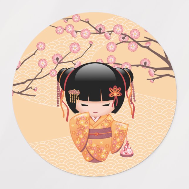 Ume Kokeshi Doll - Japanese Peach Geisha Girl Kids' Labels (Design 1)