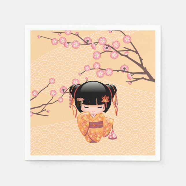 Ume Kokeshi Doll - Japanese Peach Geisha Girl Napkins (Front)