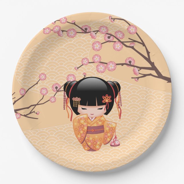Ume Kokeshi Doll - Japanese Peach Geisha Girl Paper Plates (Front)