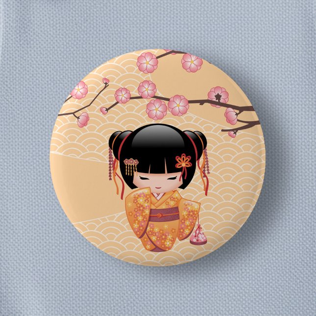 Ume Kokeshi Doll - Japanese Peach Geisha Girl Pinback Button (Creator Uploaded)