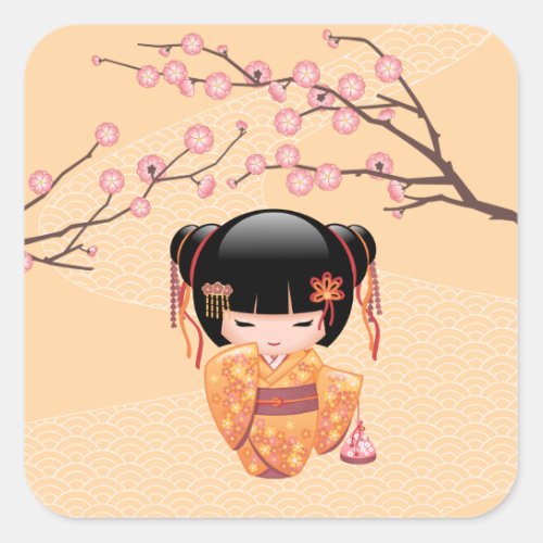 Ume Kokeshi Doll _ Japanese Peach Geisha Girl Square Sticker