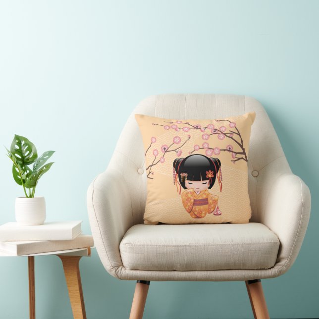Ume Kokeshi Doll - Japanese Peach Geisha Girl Throw Pillow (Chair)