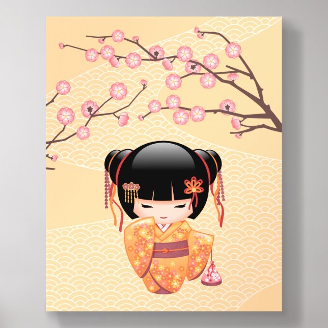Ume Kokeshi Doll Japanese Peach Geisha Girl Yellow Acrylic Photo Tile (Front Set)