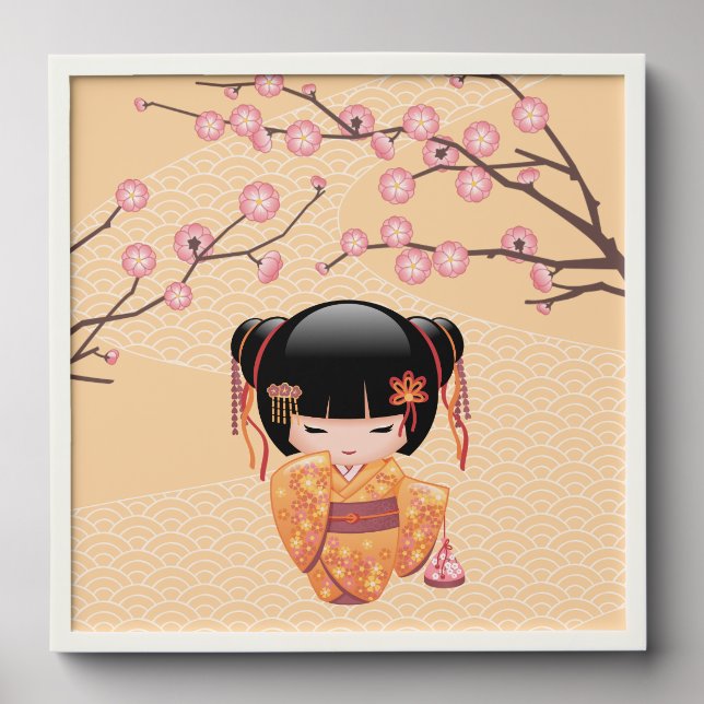 Ume Kokeshi Doll Japanese Peach Geisha Girl Yellow Peel And Stick Photo Tile (Front Set)