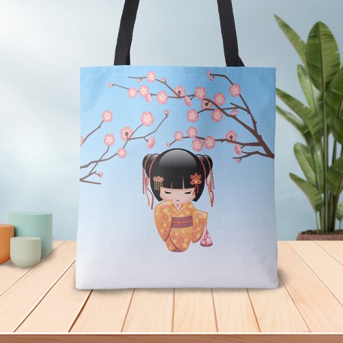 Ume Kokeshi Doll _ Japanese Plum Geisha Girl Blue Tote Bag