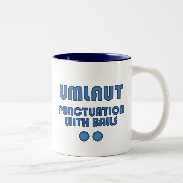 Umlaut Balls (Blue) Two-Tone Coffee Mug (Right)