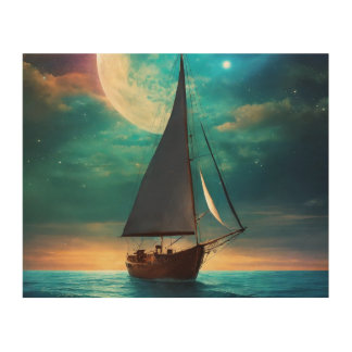 un bateau puissant et mystique aux voiles blanches wood wall art