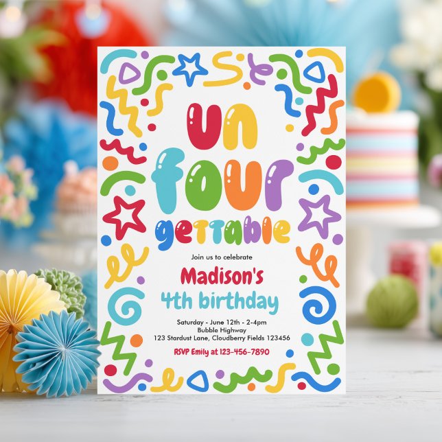 Un-Four-Gettable Confetti Balloon 4th Birthday  Invitation (Creator Uploaded)