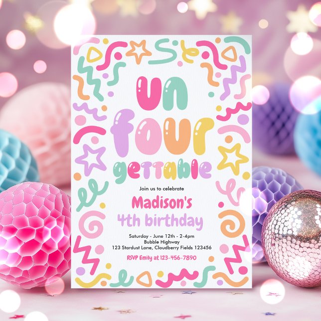 Un-Four-Gettable Confetti Balloon 4th Birthday  Invitation (Creator Uploaded)