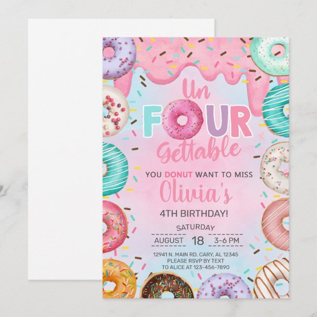 Un-four-gettable donuts girl 4th birthday invite. invitation (Front/Back)