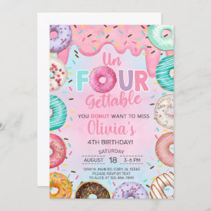 Un-four-gettable donuts girl 4th birthday invite. invitation