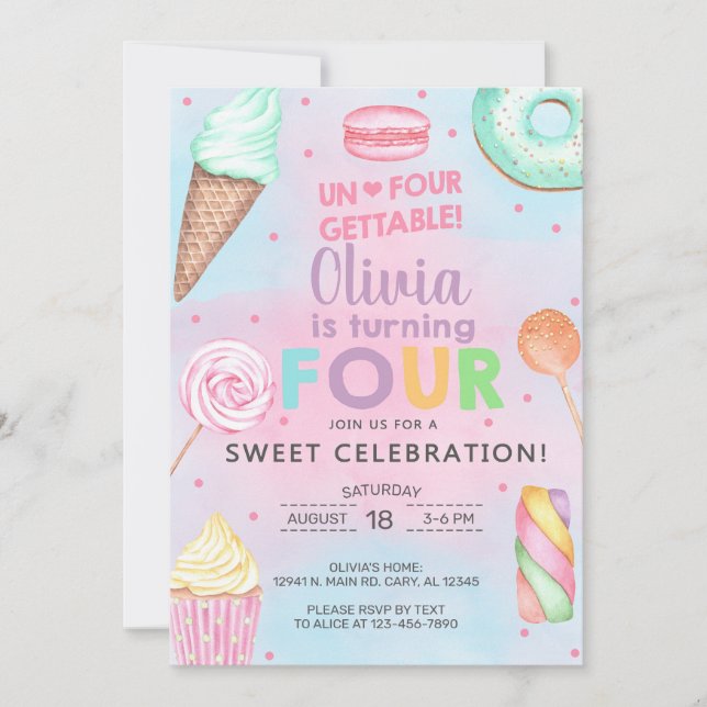 Un-four-gettable girl 4th birthday invitation. invitation (Front)