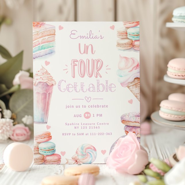 Un-Four-Gettable pastel Sweets 4th birthday Invitation (Creator Uploaded)