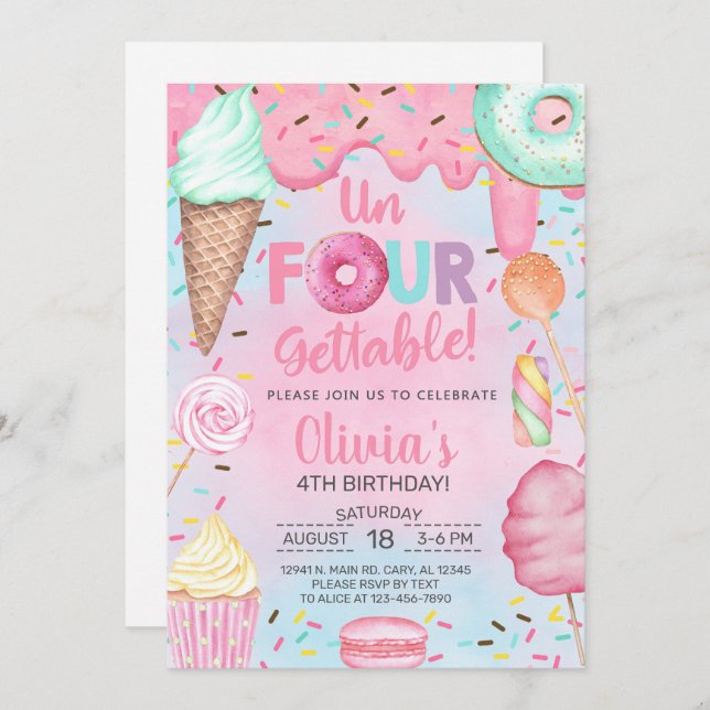 Un-four-gettable sweets girl 4th birthday invite. invitation (Front/Back)