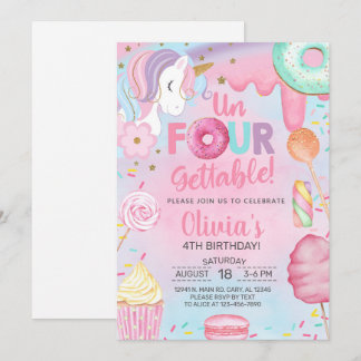 Un-four-gettable sweets Unicorn girl 4th birthday. Invitation