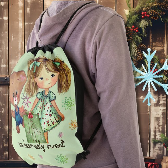 Unbearably Sweet Girl and Teddy Bear Drawstring Bag (Unbearably Sweet Girl and Teddy Bear Drawstring Bag)