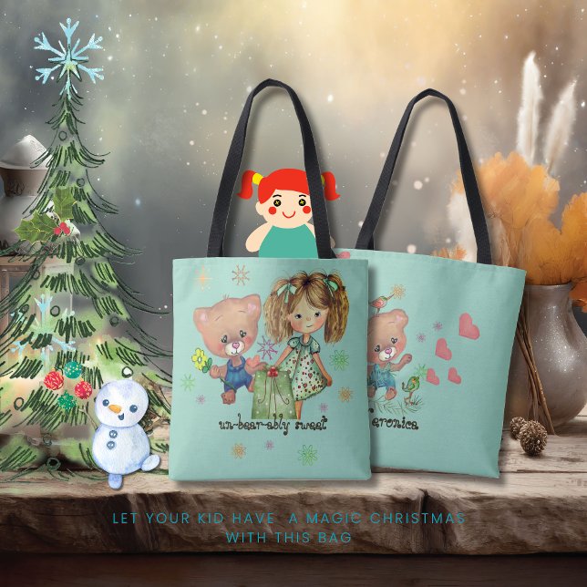 Unbearably Sweet Girl and Teddy Bear in Teal Tote Bag (Unbearably Sweet Girl and Teddy Bear in Teal Tote Bag)