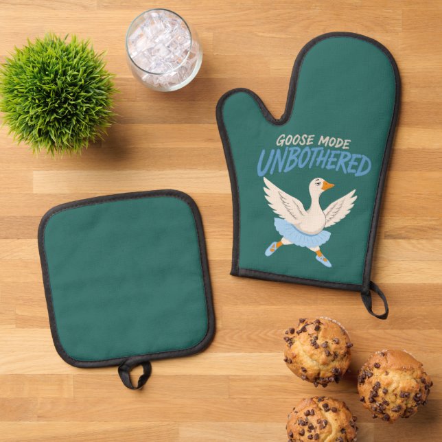 Unbothered Goose Mode Funny Ballet Goose Oven Mitt & Pot Holder Set (Top Down)