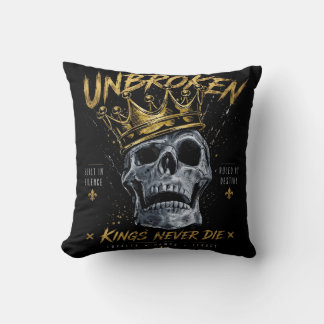 Unbroken Skull King Crown Edgy Motivational Art Throw Pillow