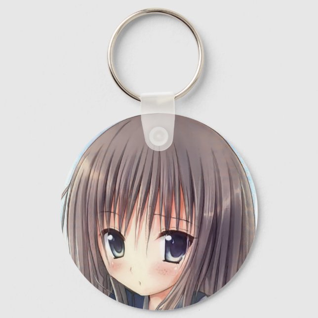 Uncertain chibi anime brown hair girl gray eyes  keychain (Front)