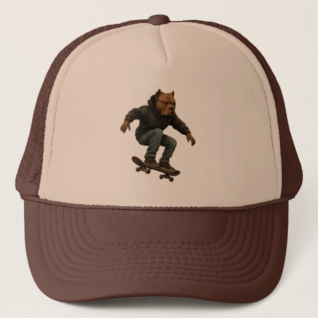 Unchained Skater Pitbull Graphic Art Skateboarding Trucker Hat (Front)
