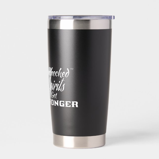 Unchecked Spirits Get Stronger - Black Mug, white Insulated Tumbler (Left)