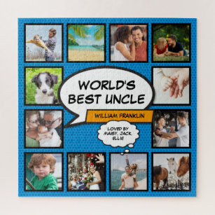 Uncle 12 Photo Collage Comic Book Fun Blue Jigsaw Puzzle