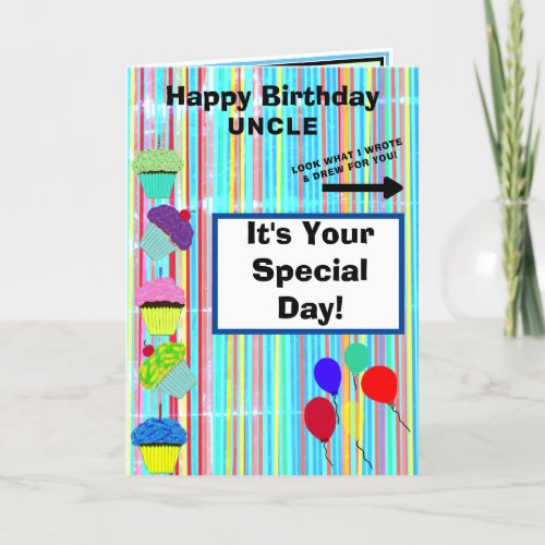 Uncle Birthday Balloons Cupcakes Stripes NAME Card