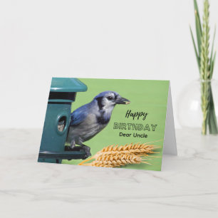 Uncle Birthday with Blue Jay at Feeder Wheat Card