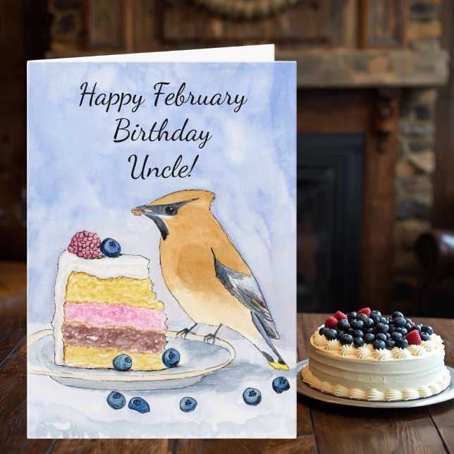 Uncle Happy February Birthday Cedar Waxwing Cake Card (Creator Uploaded)