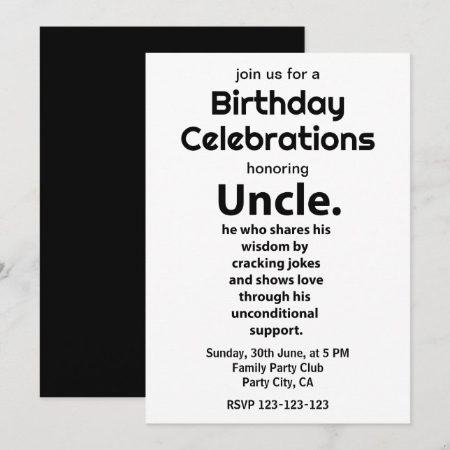 Uncle Inspirational Funny Quote Birthday Uncle Invitation (Front/Back)