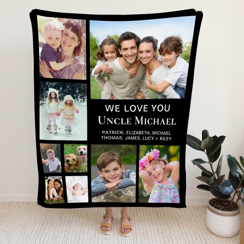 Uncle Photo Collage Black Fleece Blanket