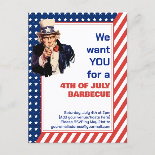 Uncle Sam 4TH OF JULY BBQ BARBECUE Invitation Postcard