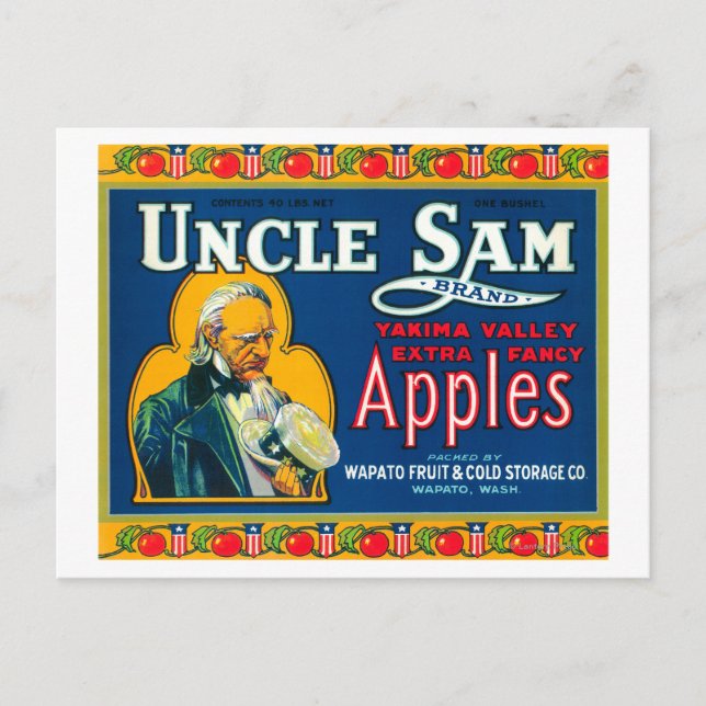 Uncle Sam Apple Label (blue) - Wapato, WA Postcard (Front)