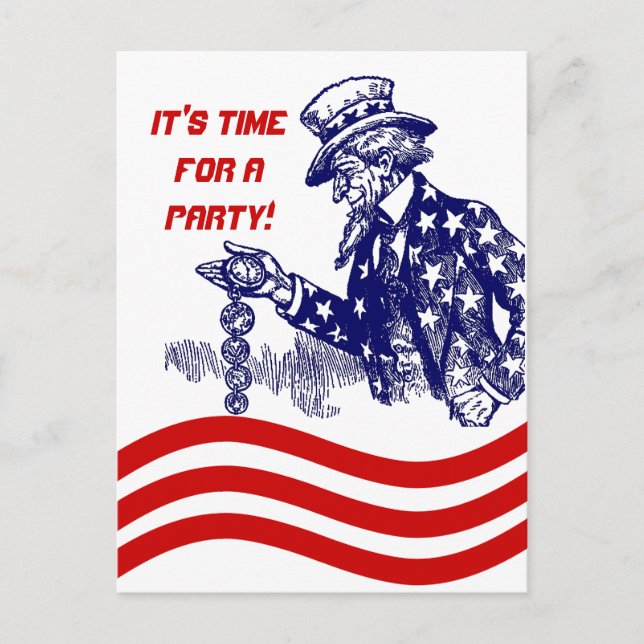 Uncle Sam Checking Pocket Watch Party Invitation Postcard (Front)