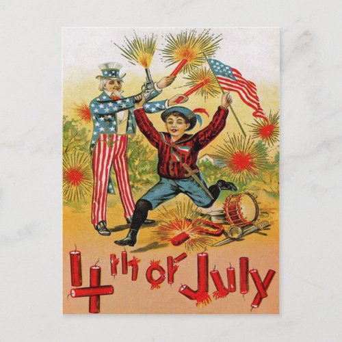 Uncle Sam Fireworks Child Vintage 4th of July Postcard